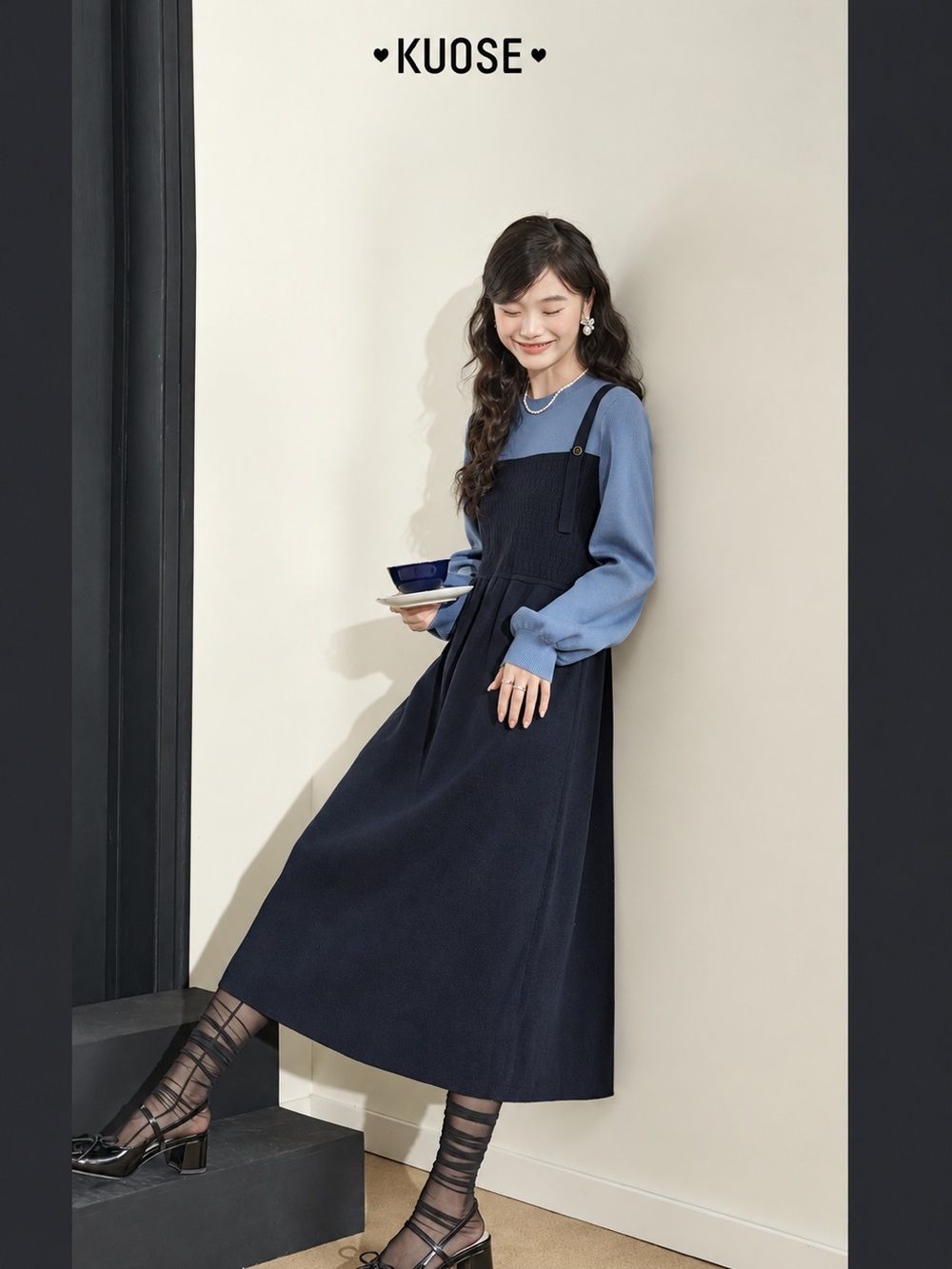 KUOSE Fake Two Piece Knit Midi Dress Dark Blue Long Sleeve Size S NWT
